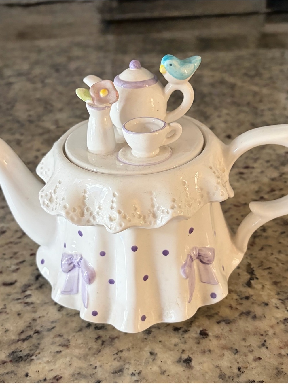 White Ceramic Teapot with Purple Polka Dots and Pastel Accents - Picture 2 of 4